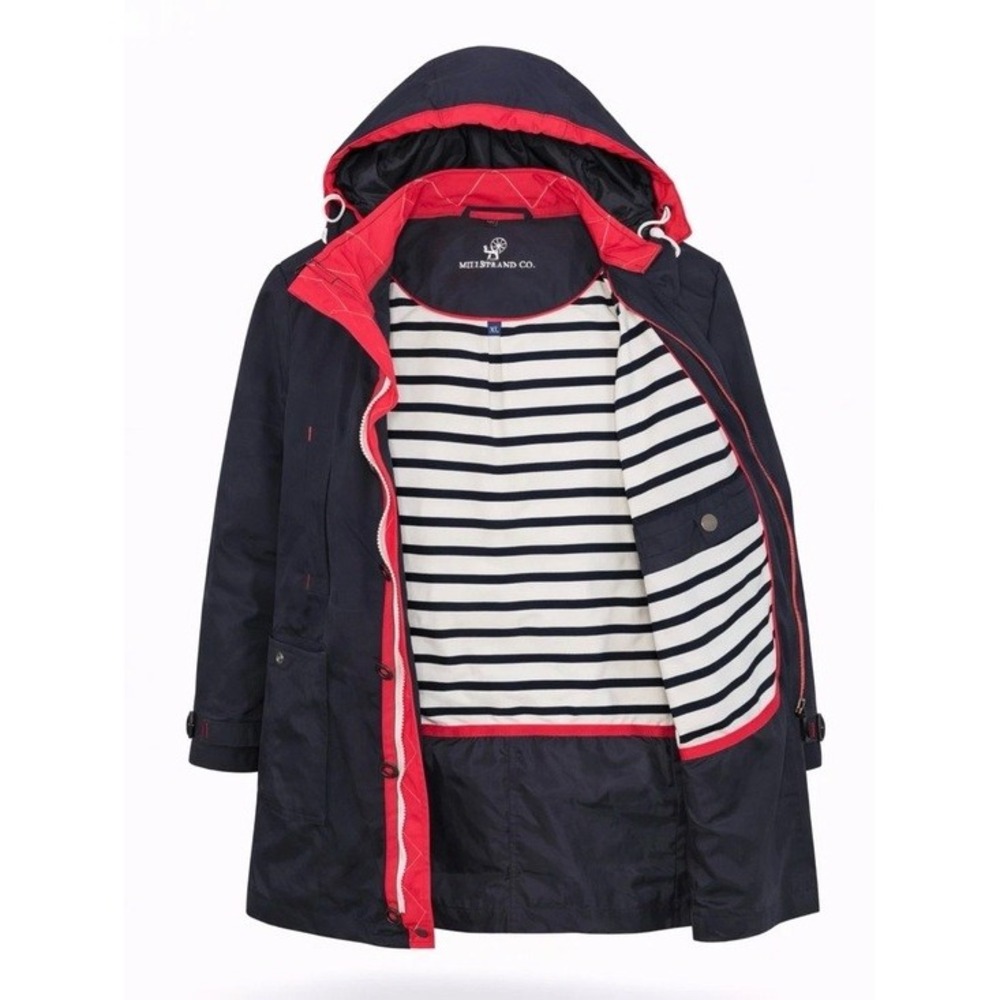 Millstrand Co Rain Parka Women's Navy Blue Nautical Striped Hooded Jacket Medium
